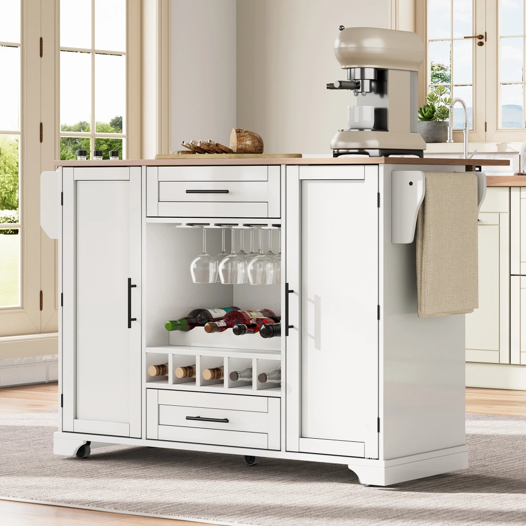 Carrello da Cucina con 2 Ante; 2 Cassetti; Piano Ribaltabile; Portabottiglie e Portasciugamani; 138x45(70)x92 cm