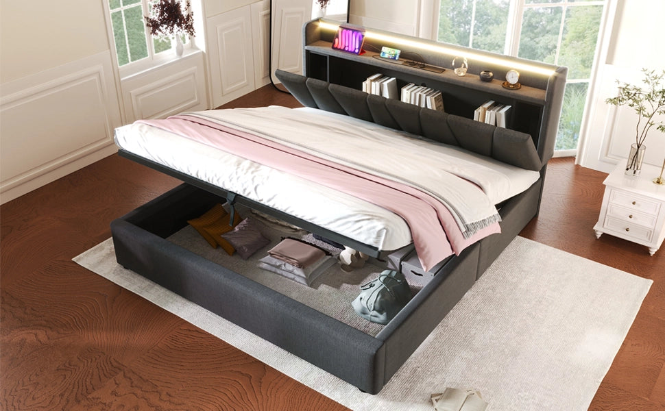 DESMIU Letto Matrimoniale 140 × 200 cm 2 Posti con Contenitore, USB, Type-C e LED Regolabile, senza Materasso