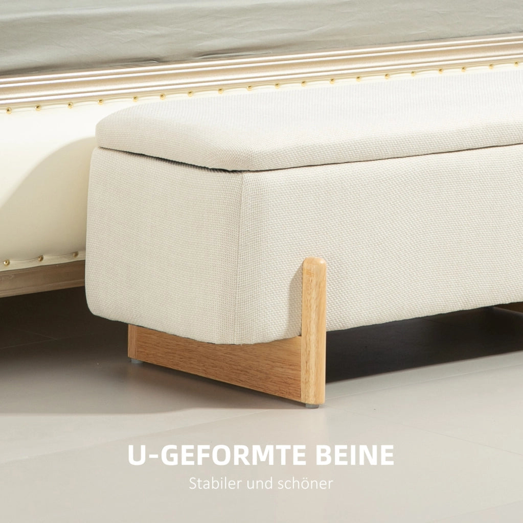 Panca contenitore imbottita beige con gambe in faggio