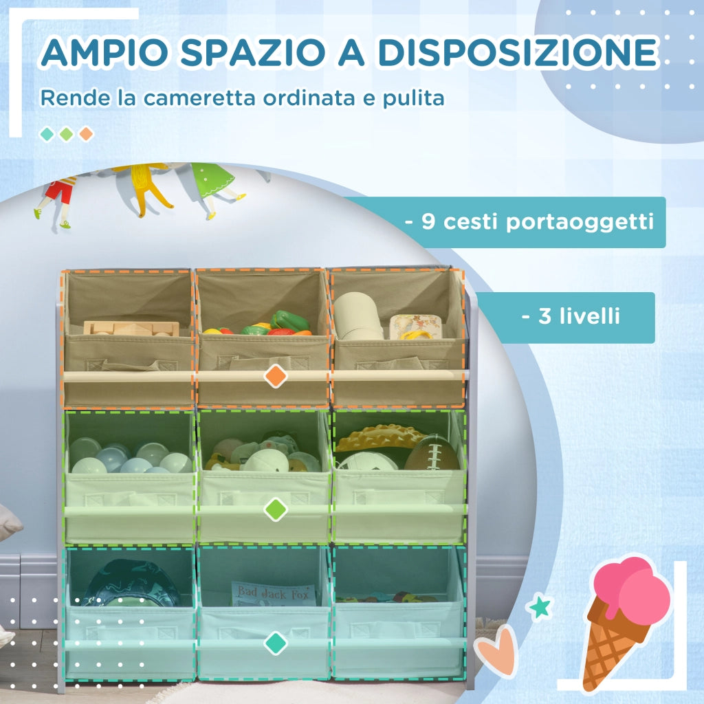 Mobiletto Portagiochi con 9 Cestini Rimovibili in MDF e Tessuto, 63x30x60cm, Grigio e Bianco