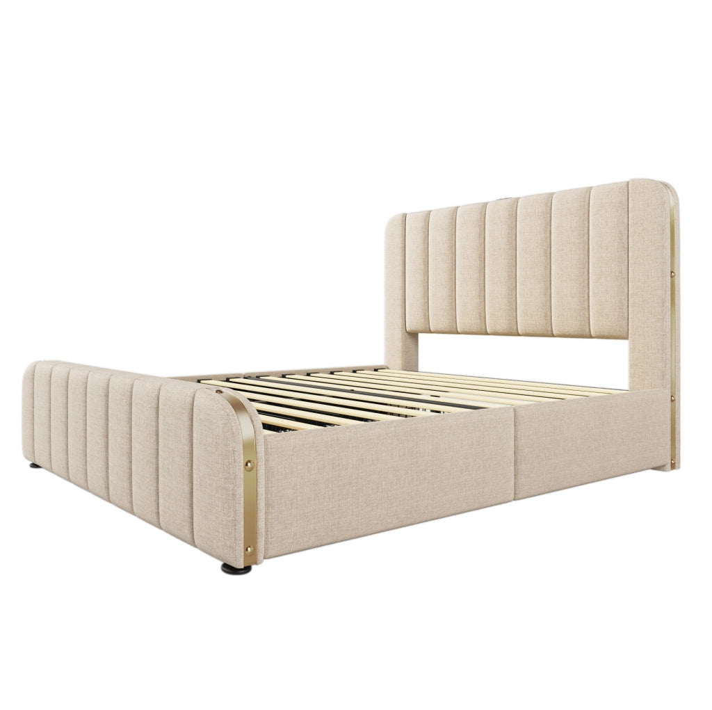 Letto matrimoniale contenitore 140x200 cm con USB C e 4 cassetti; lino beige