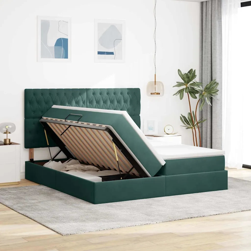 Letto con luci a strisce a LED Verde Scuro 200 x 200 cm Velluto
