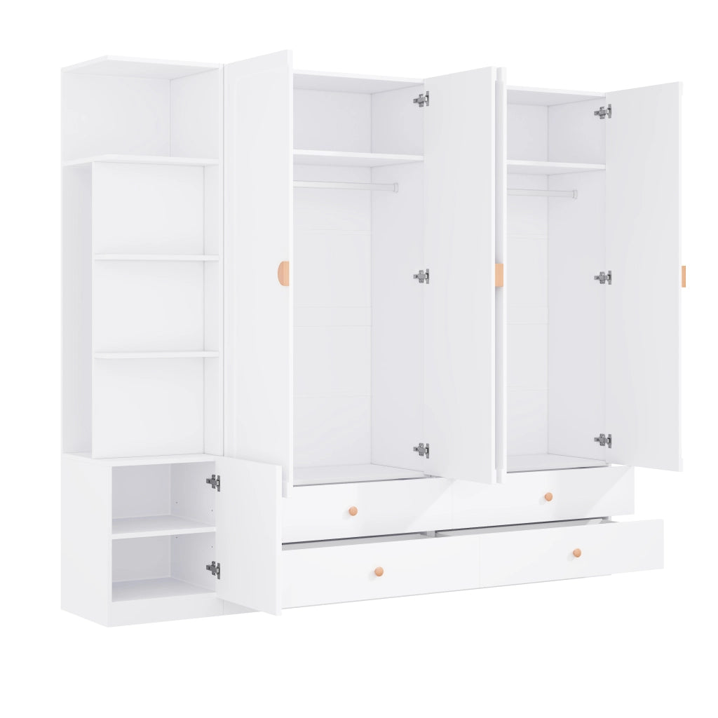 Armadio 225x45x200 cm con 3 aste appendiabiti e 4 cassetti in legno; MDF e acciaio bianco