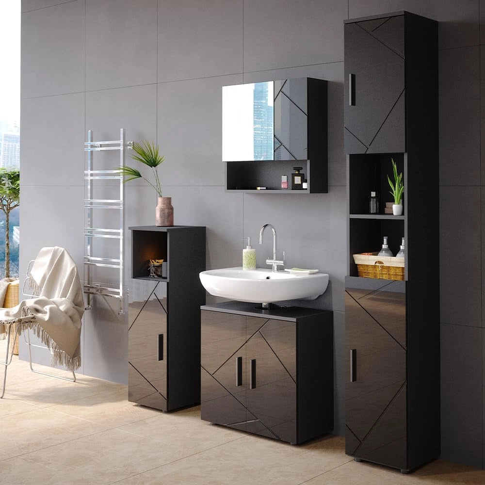 Set mobili bagno Irma, Antracite lucido, 80 cm, composto da mobile lavabo, pensile a specchio, colonna e base media