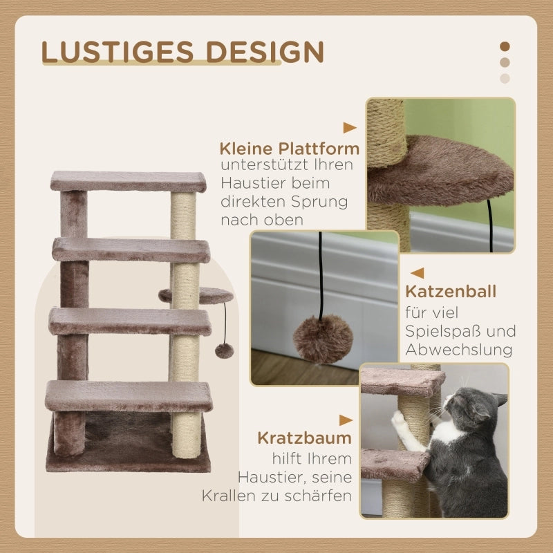 Tiragraffi per gatti con scala a 4 livelli piattaforma intermedia pallina in legno marrone 60 × 40 × 64 cm