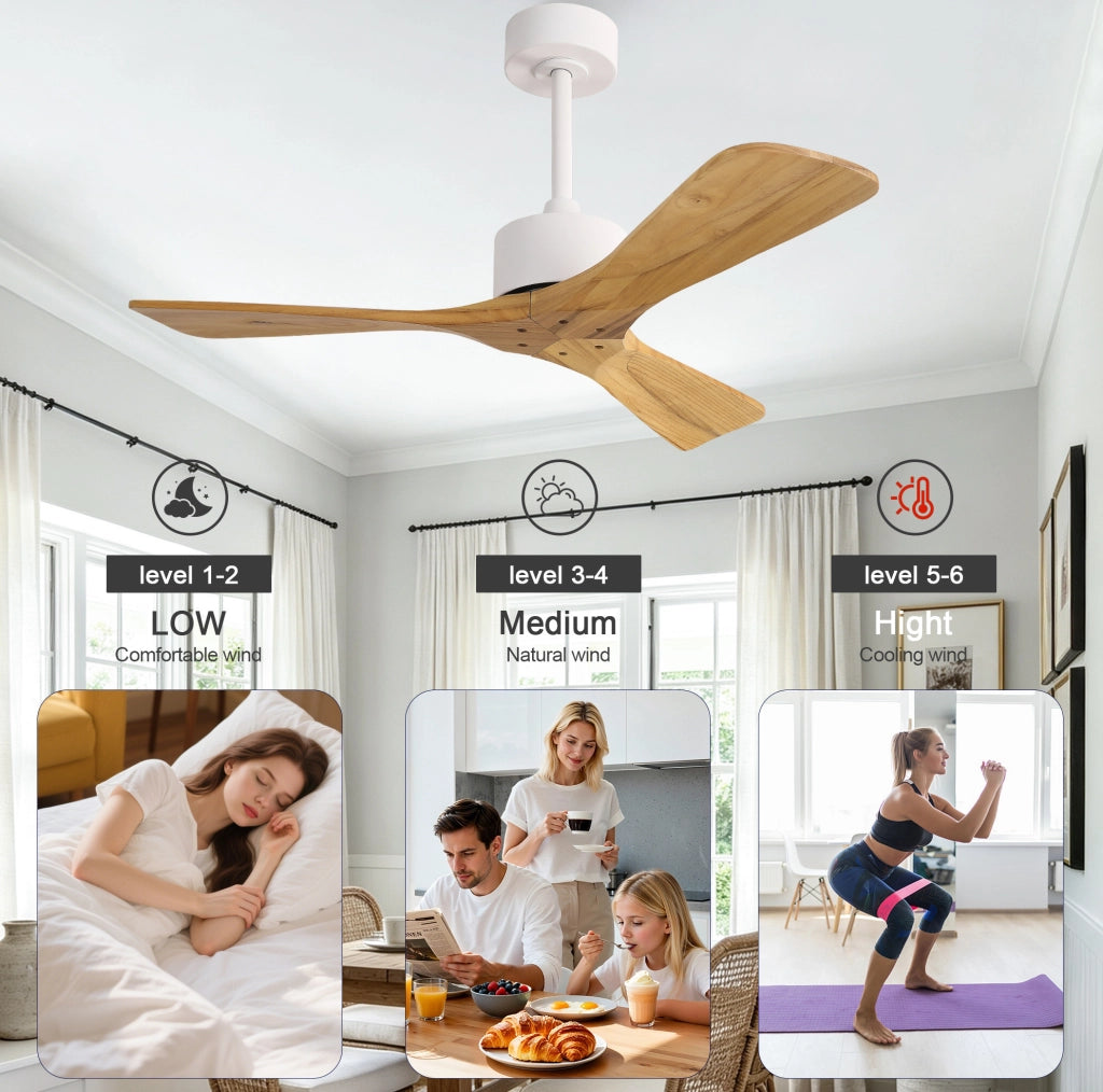 Ventilatore da soffitto 42 pollici senza luce con 3 pale in legno massello; naturale e bianco