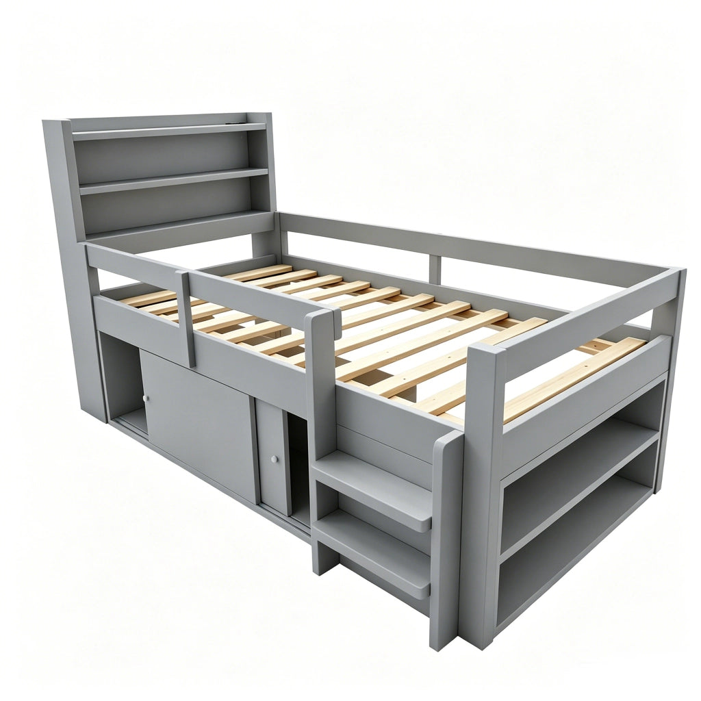 Letto a soppalco 90×200 cm; letto singolo con ripiani; LED; USB e sponde; senza materasso; legno; grigio