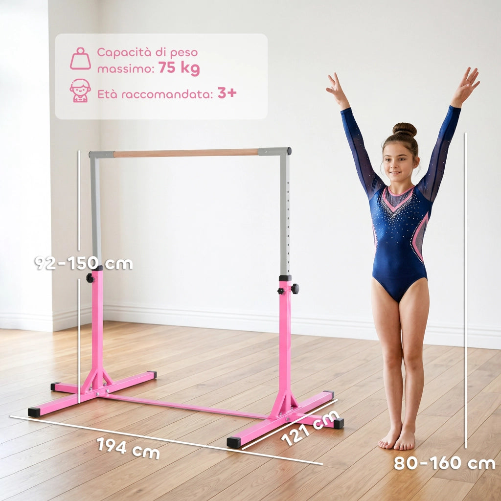 Sbarra orizzontale da ginnastica per bambini ¨C zephmum ¨C rosa, acciaio e legno massello di faggio, altezza regolabile 92-150 cm