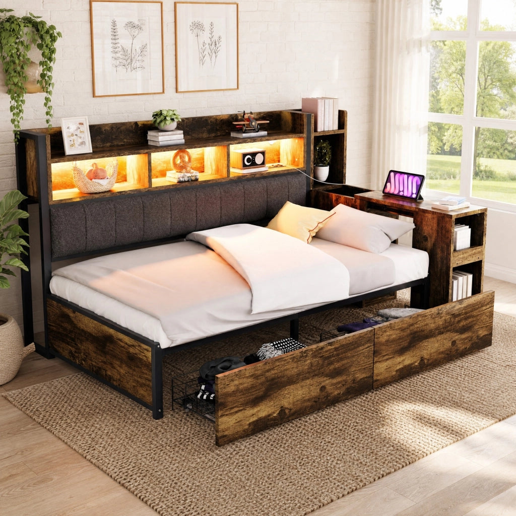 Letto singolo multifunzionale 90x200 cm con scrivania estraibile, cassetti, vani contenitore, prese integrate e LED