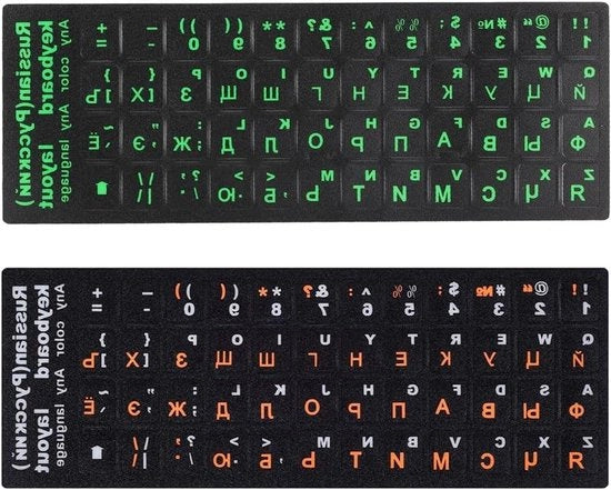 Pacchetto di adesivi per tastiera bilingue Russo-Inglese per PC e notebook - nero con adesivi verdi e arancioni di alta qualità
