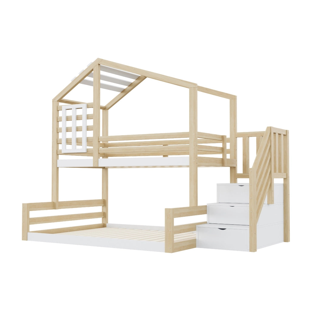 Letto a castello per bambini in pino e MDF con scala contenitore