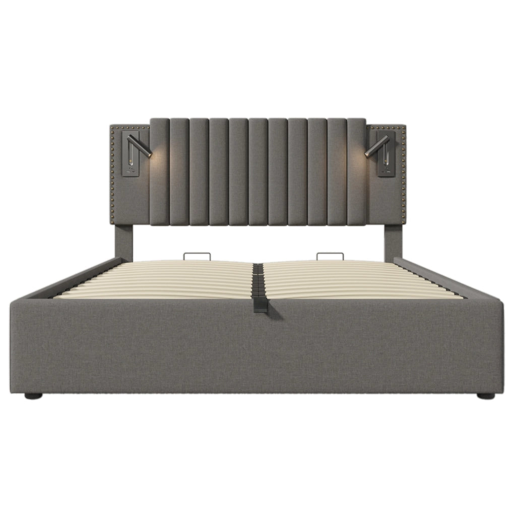 Letto matrimoniale 160x200 cm con contenitore; testiera regolabile in cotone grigio; luci e USB