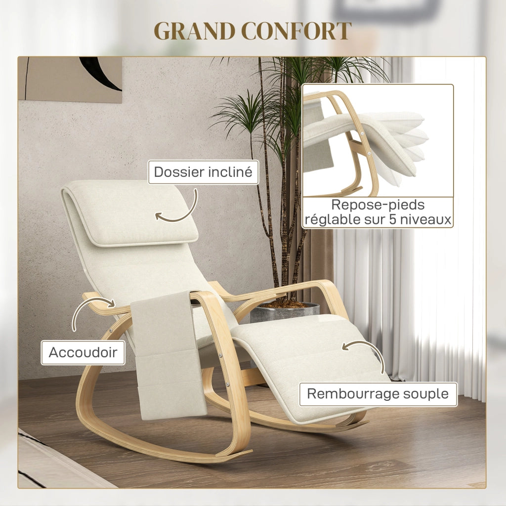 Poltrona relax a dondolo con poggiapiedi ¨C Xylo ¨C tessuto crema con schienale regolabile
