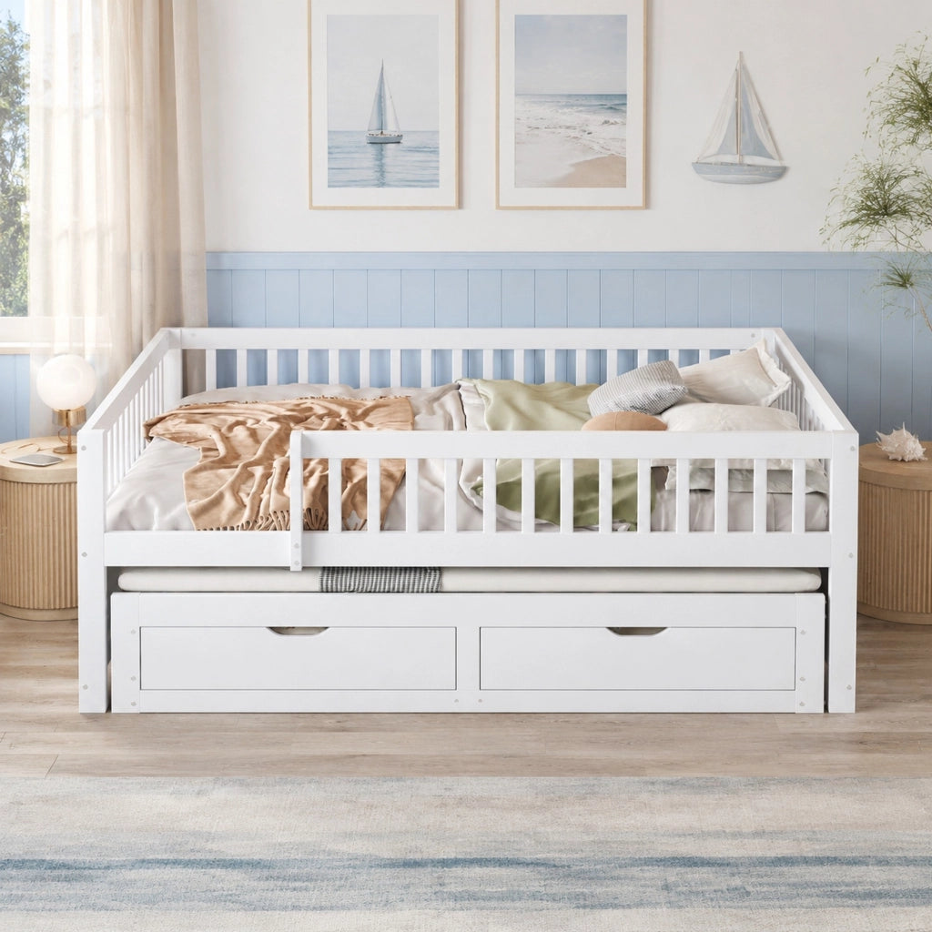 LETTO Multifunzionale 140x200 cm Bianco con letto estraibile e 2 cassetti