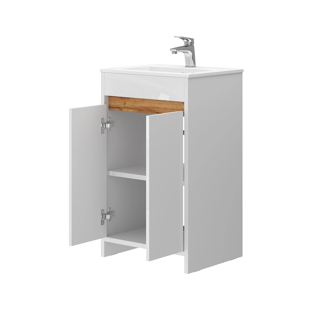 Vicco Set mobili bagno Bianco lucido 2 parti, con lavabo e 2 ante a battente