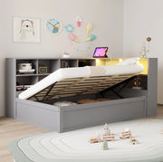 Divano letto 90x200 cm con presa multifunzione; vani portaoggetti e LED in legno grigio