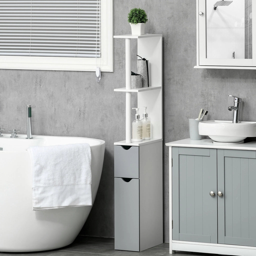 Colonna Bagno con 2 Ripiani e 2 Armadietti, in Legno, 15.2x29.8x118 cm, Bianco e Grigio
