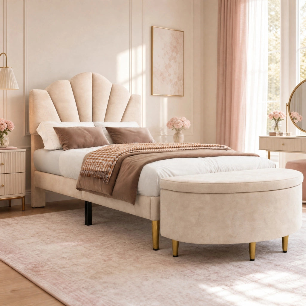 LETTO imbottito 90x200 cm in velluto beige con testiera regolabile