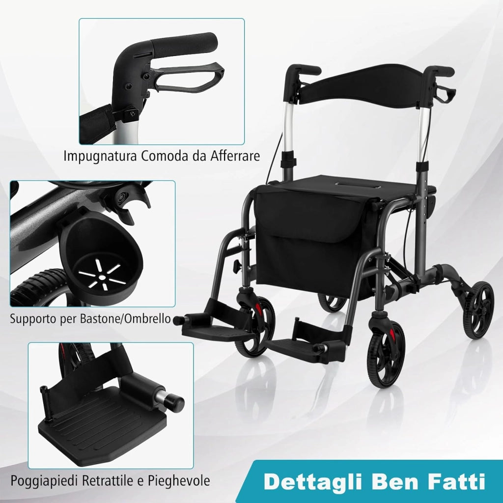 Deambulatore Multiuso 2 in 1, Deambulatore per Anziani in Alluminio con Altezza Regolabile a 6 Livelli, Poggiapiedi Pieghevole (Nero)
