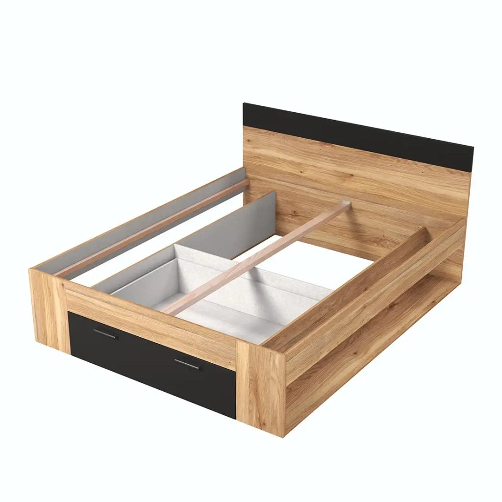 Letto matrimoniale 180x200 con cassetti integrati e rete a doghe. Collezione EOS. Colori quercia chiara e nero.