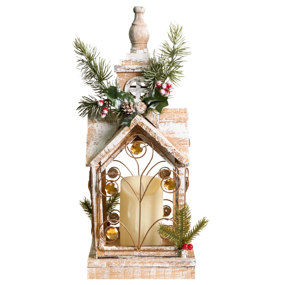 Lanterna LED in legno di abete marrone chiaro Decorazione natalizia tradizionale fatta a mano