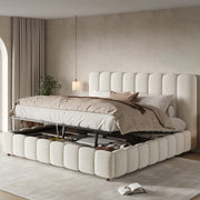 Letto matrimoniale imbottito con contenitore idraulico; rivestimento in bouclé bianco