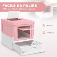 Lettiera per Gatti Chiusa in PP a 2 Porte con Paletta e Vassoio Estraibile, 47.5x35.5x36.7 cm, Rosa e Bianco