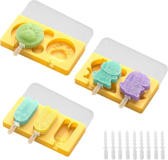 Set di 3 Forme per Gelati in Silicone Riciclabili per Bambini, Gelati Fai da Te con Bastoncini e Protezione da Gocciolamento