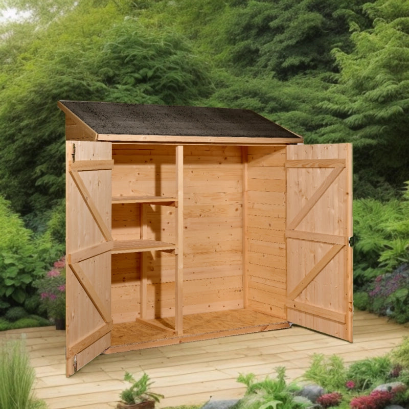 Ripostiglio da giardino in legno con ripiani – 163x66 cm – pannelli 16 mm, tetto bitumato e pavimento incluso – ED1708E2 Foresta
