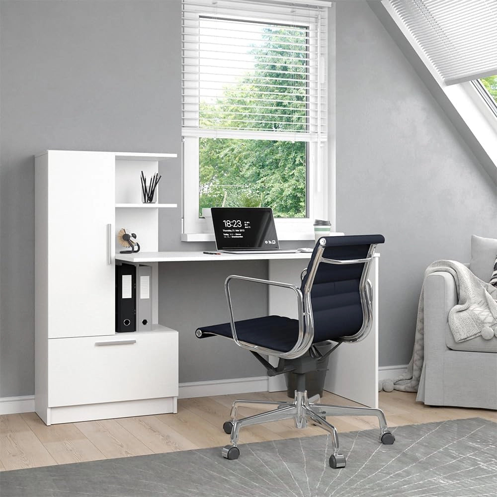 Scrivania con ripiani Tomy, Bianco, 150 x 59 cm, con ripiani aperti per una conservazione organizzata