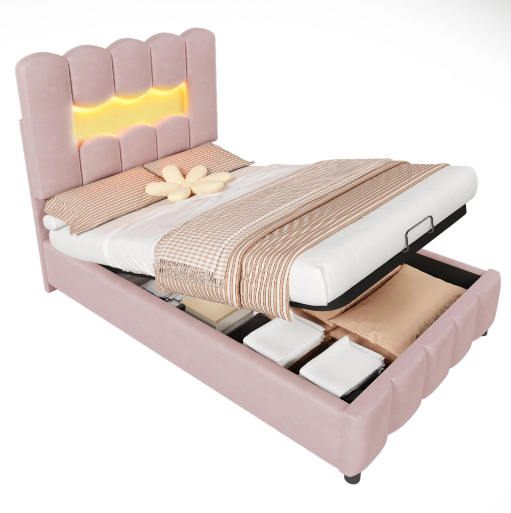 Letto imbottito 90x200 cm in velluto rosa con contenitore; LED multicolore e testiera regolabile