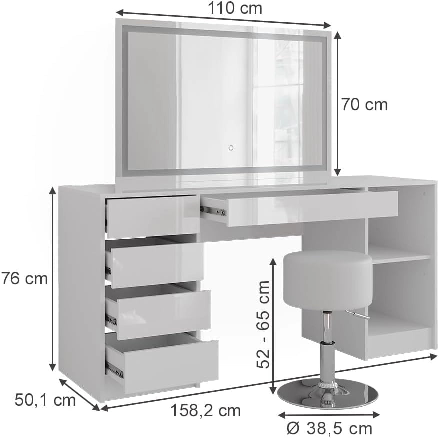 Tavolo da toeletta Sherry, Bianco/bianco lucido, 158.2 cm con specchio LED e sgabello, adatto per la conservazione e l'uso quotidiano in camera da letto