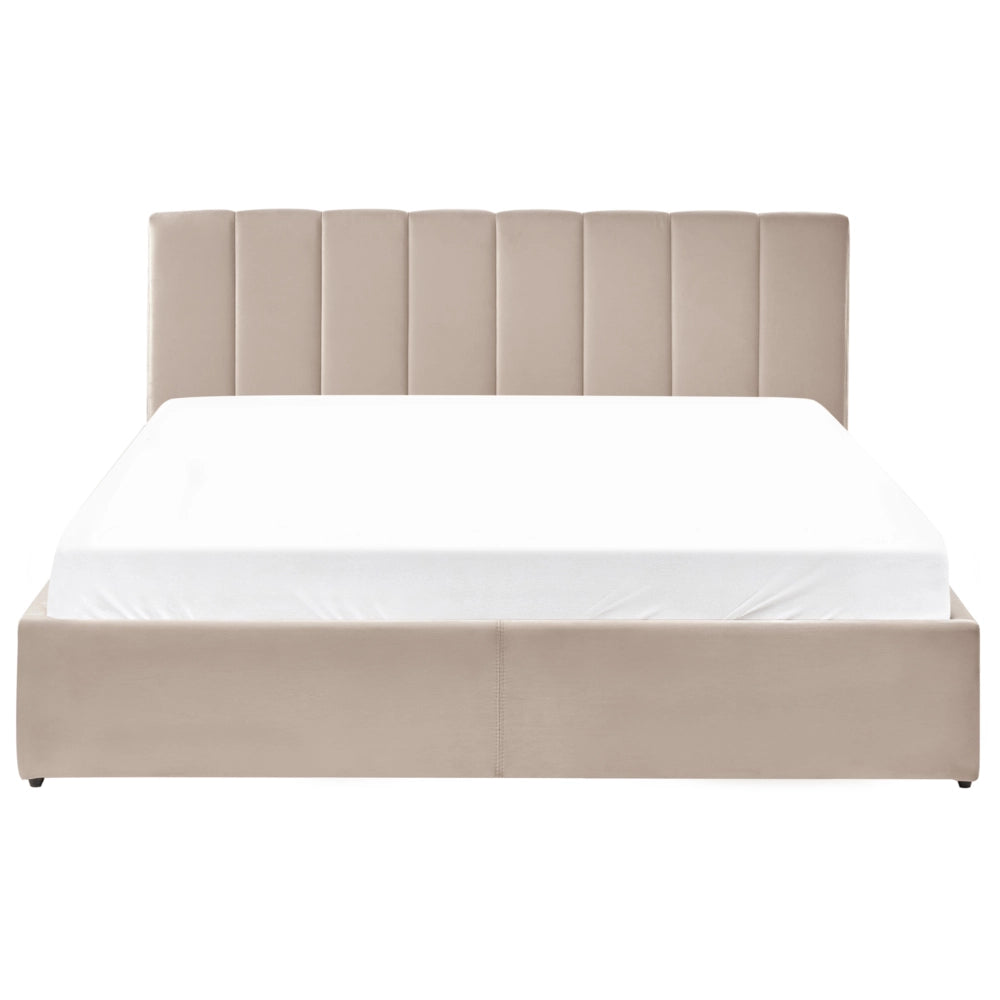 Letto matrimoniale contenitore Rivestimento in velluto beige 180 x 200 cm con testiera a doghe