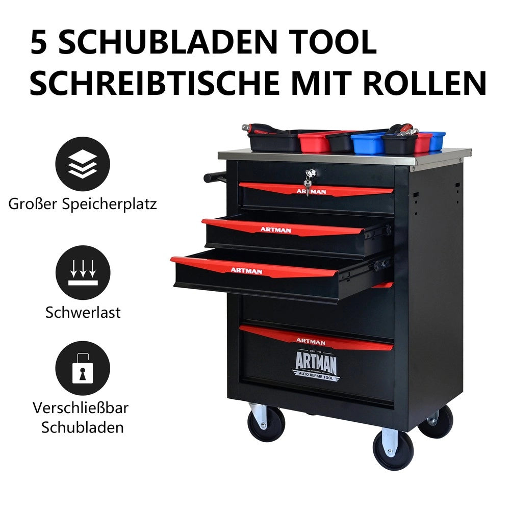 Carrello Portautensili 5 Cassetti con Ruote ¨C MINIMAL ¨C Metallo, Piano in Acciaio, Nero e Rosso