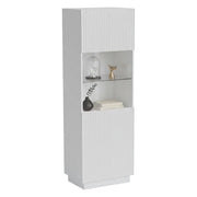 Vetrina Vado, Vetrinetta da soggiorno con anta e dettaglio in vetro, Finitura con effetto cannettato, 60x40 h178 cm, Bianco