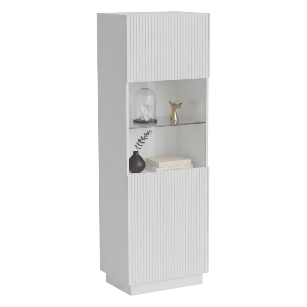 Vetrina Vado, Vetrinetta da soggiorno con anta e dettaglio in vetro, Finitura con effetto cannettato, 60x40 h178 cm, Bianco