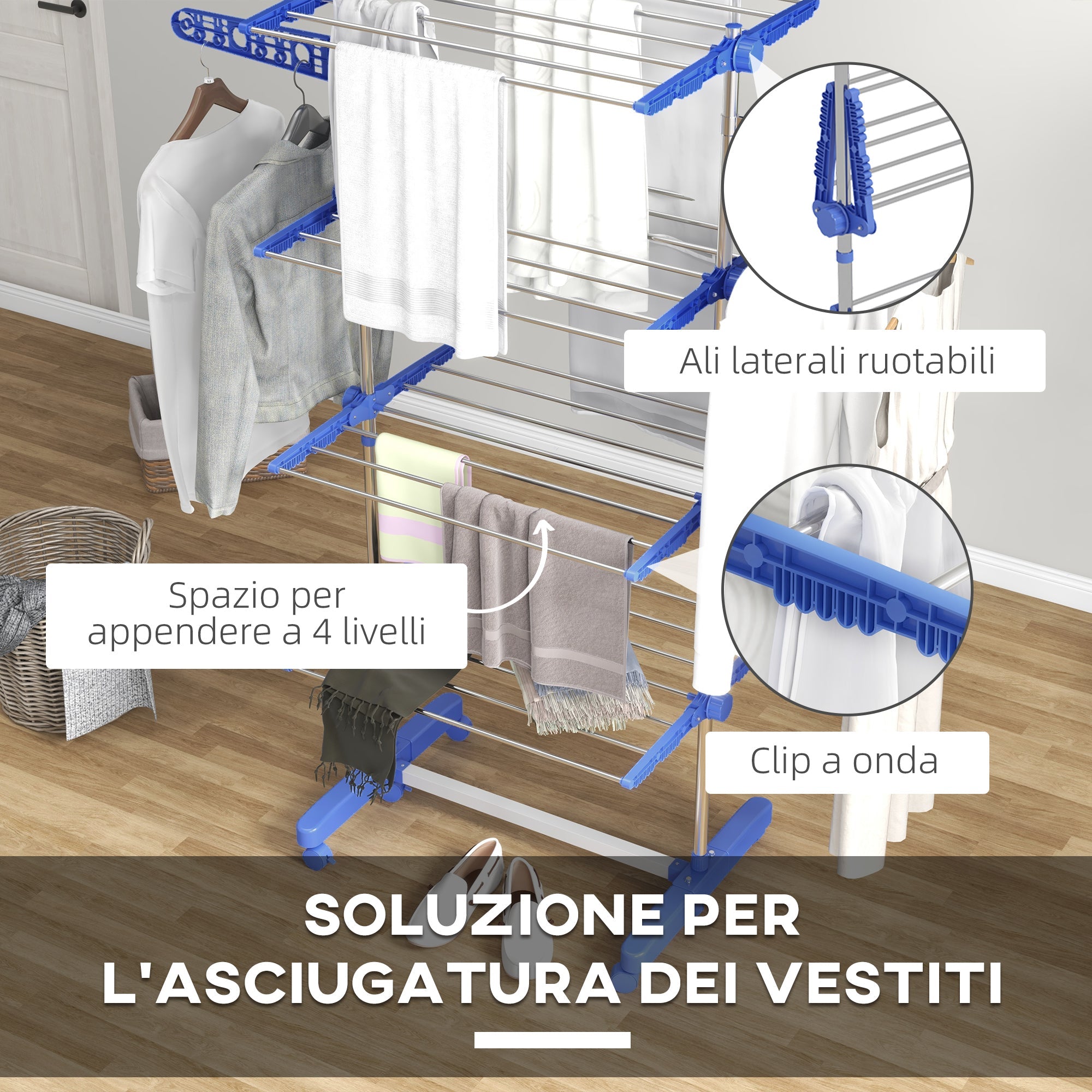 Stendino Verticale con 4 Ripiani Regolabili 142x55x172 cm in Acciaio e Plastica Blu e Argento