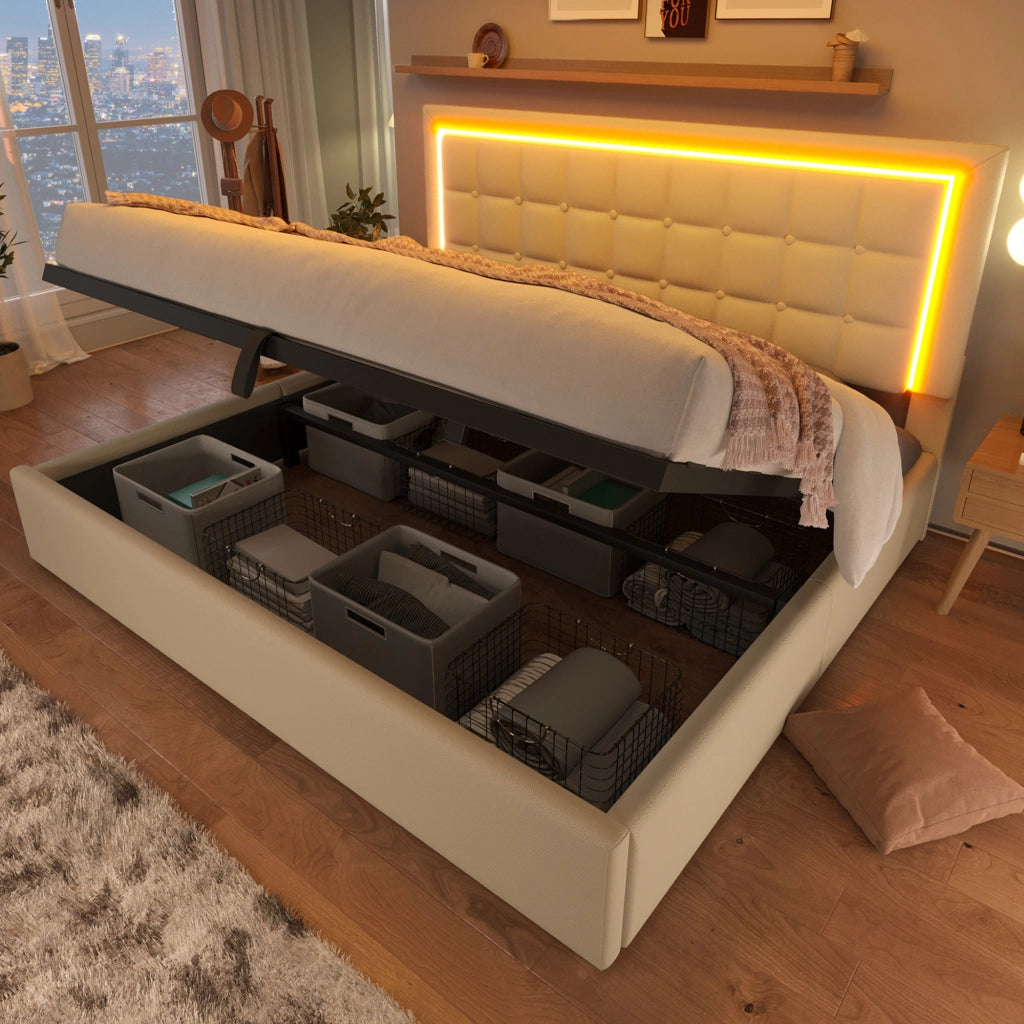 Letto contenitore matrimoniale 140 × 200 cm con illuminazione LED, contenitore idraulico e senza materasso, in PU bianco