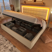 Letto contenitore matrimoniale 140 × 200 cm con illuminazione LED, contenitore idraulico e senza materasso, in PU bianco