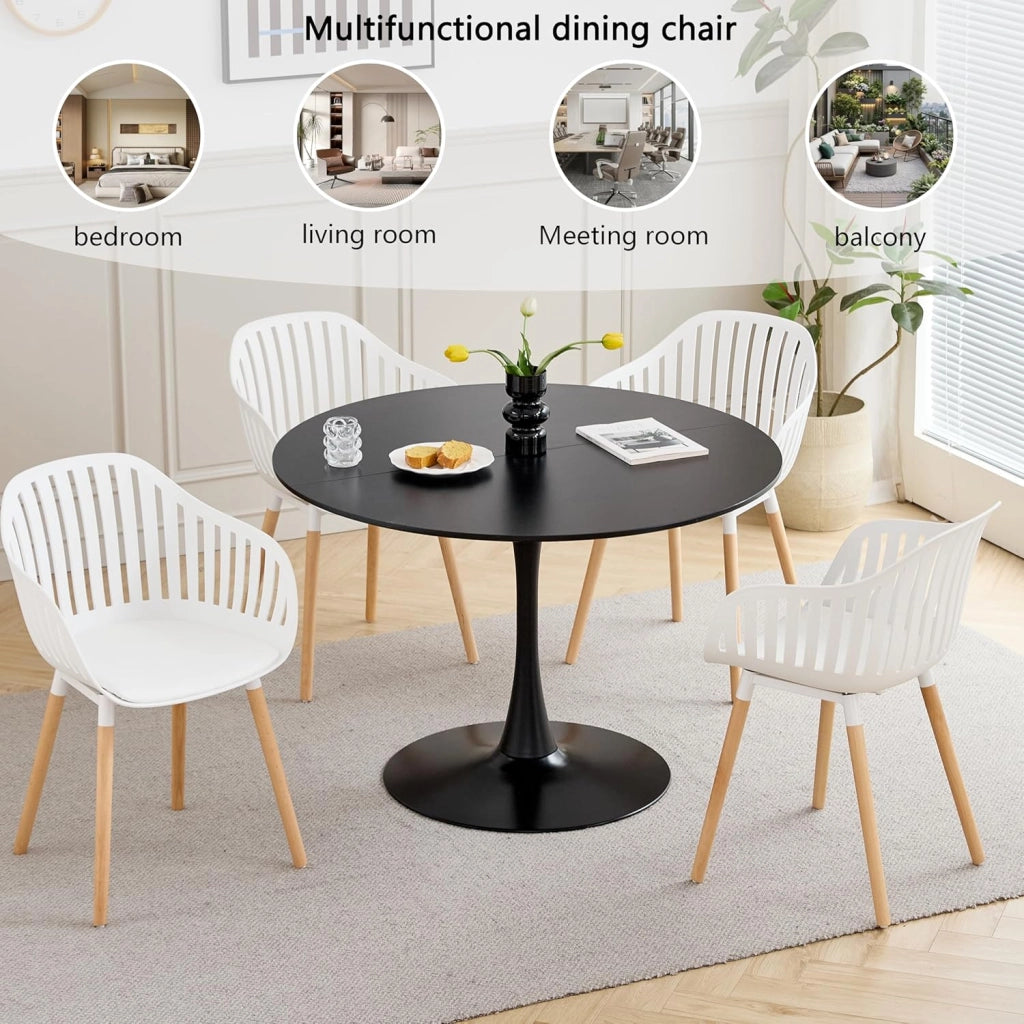GrandCA HOME Set Tavolo e Sedie da Pranzo Moderno, Tavolo Rotondo da 110CM con 4 Sedie, Gambe in Legno di Faggio, Adatto per Soggiorno, Balcone, Giardino (Bianco)