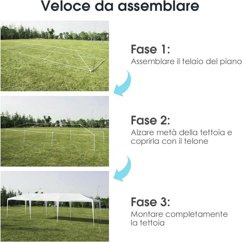 Gazebo da Giardino 3 x 9 m, Tendone per Feste con Struttura in Metallo, Impermeabile e Protezione UV, per Feste, Barbecue, Giardino e Spiaggia (3 x 9 m)