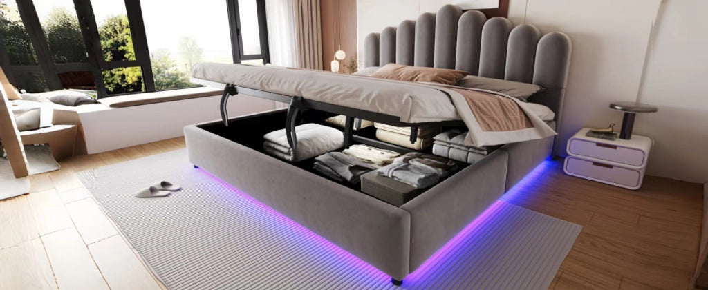 DESMIU Letto contenitore 180 × 200 cm 2 posti con LED, vano idraulico, senza materasso, in velluto, grigio