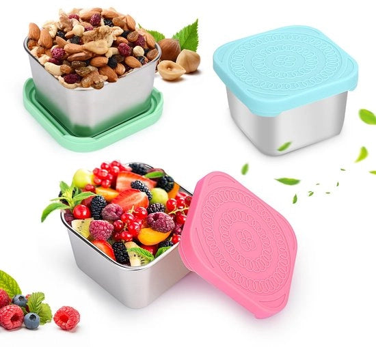 Contenitori snack 3 in 1, 180 ml, cassetta di conservazione alimentare in acciaio inossidabile 304 con coperchio in silicone, set di contenitori alimentari riutilizzabili e portatili, impermeabili e facili da aprire