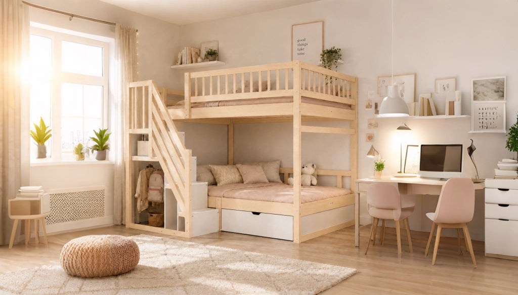 LETTO a castello 140x200 cm in legno con scala contenitore e cassetti