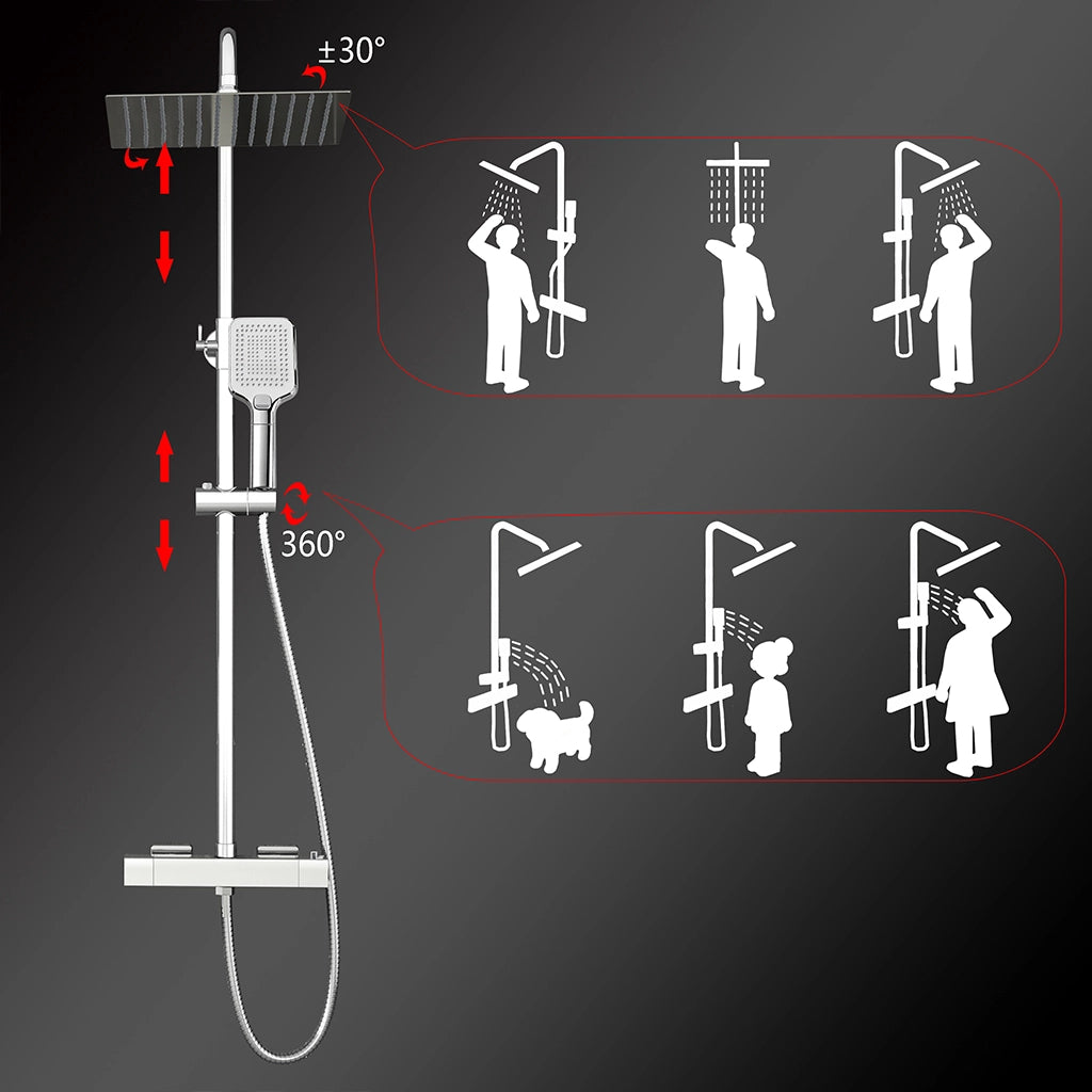 Grande soffione doccia 30x30cm con miscelatore termostatico e doccetta 25x10cm, cromo