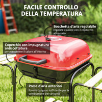 Barbecue a Carbone  98x54x91 cm Coperchio con Presa d'Aria Regolabile 3 Ripiani e Ruote in Acciaio e Legno Rosso