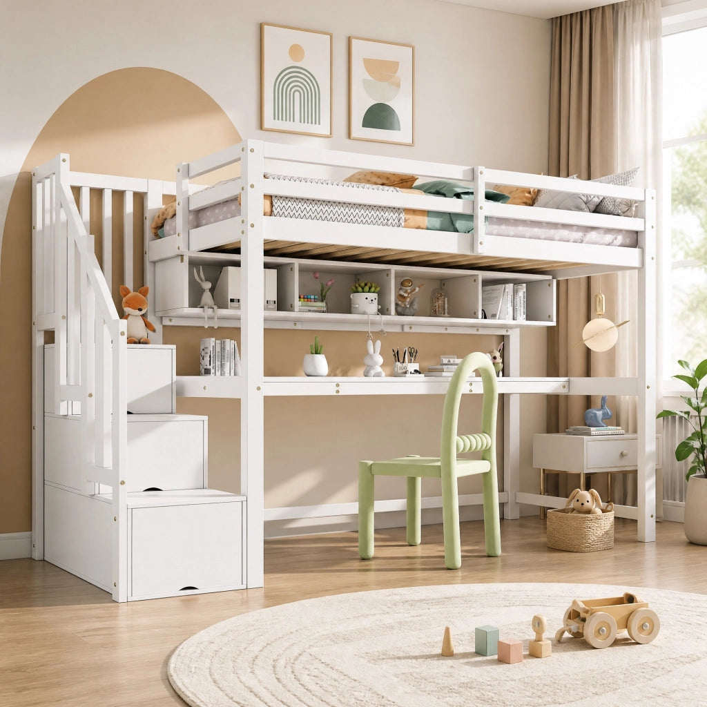 Letto a soppalco per bambini 90x200 cm con scrivania; scala contenitore e ripiani bianco