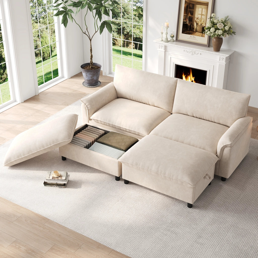 Divano modulare con pouf contenitore e funzione letto - in chenille beige