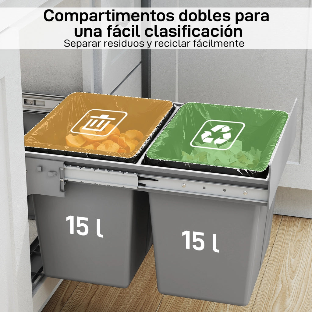 Cestino Sottolavabo Estraibile con 2 Contenitori 30L ¨C zephmum ¨C Grigio Chiaro 60x45x45 cm