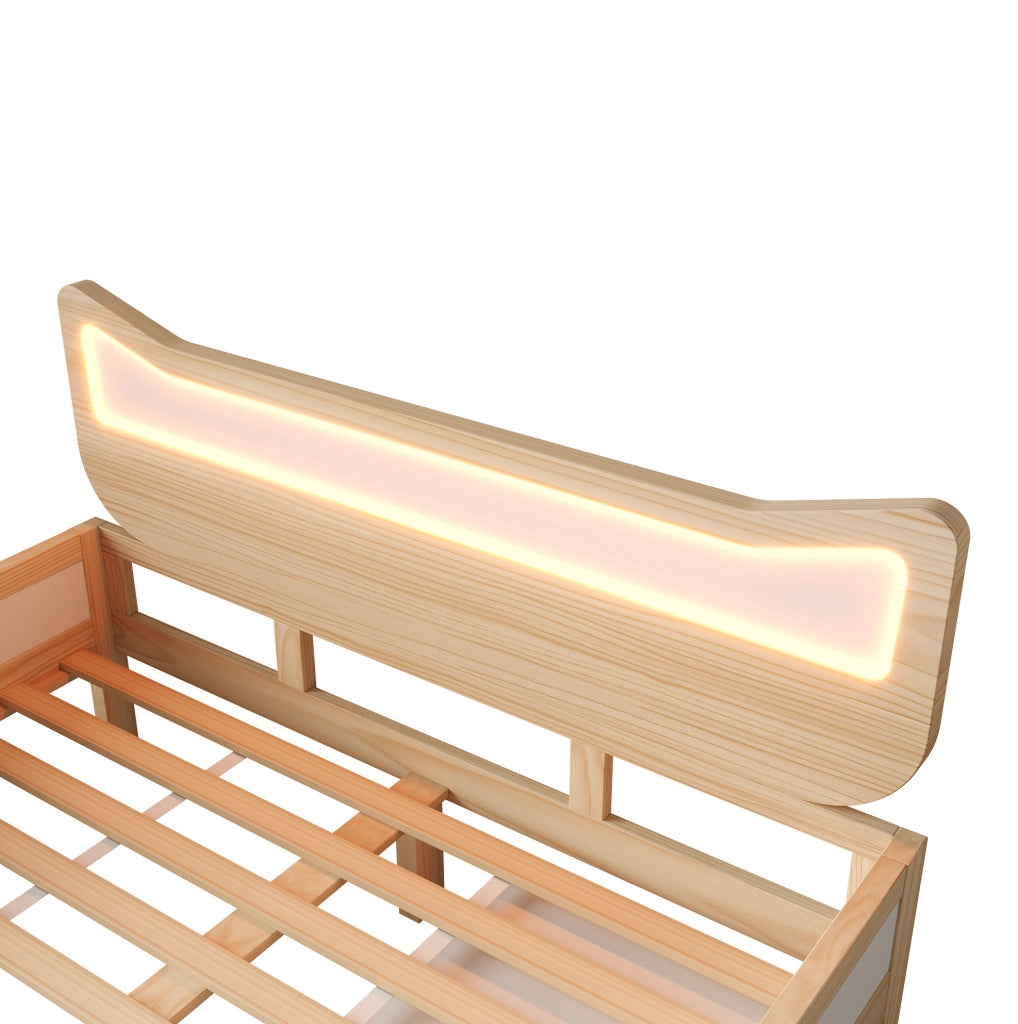 Letto per bambini 140x200 cm con testiera a forma di gatto; LED RGB; legno bianco e rovere